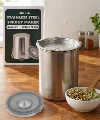 Image of Maru Steel Sprouts Maker 1000ml with Hole Mesh Lid & Drain Stand, Includes Airtight Lid for Storage Container, Plastic /BPA Free Sprouting Jar for Moong, Green Gram, Beans, Chickpeas, Seeds & Lentils