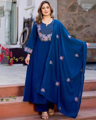 Image of KLOSIA Women's Embroidered A-Line Kurta Set with Dupatta | Floral Embroidery Ethnic Suit Set | Kurta Pant Set for Women | Festive, Wedding