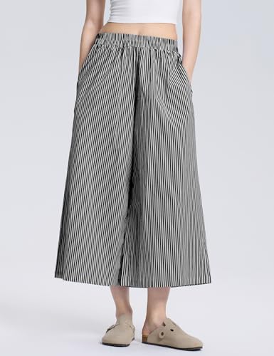 Image of LOMON Womens Wide Leg Capri Pants Gingham Plaid Culottes Summer Elastic Waist Palazzo Trousers Bottoms with Pockets
