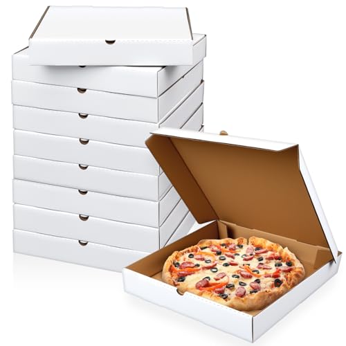 Fullhawl 10 Pcs Pizza Boxes 14 x 14 Inches B-Flute Corrugated White Pizza Box, Grease Resistant Kraft Takeout Containers Packing Boxes for Homemade Cake, Cookies, Food and Crafts