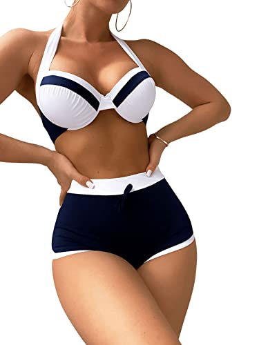 SweatyRocks Women's 2 Piece Swimsuit Color Block Halter Push Up Bikini Set Shorts Bathing Suits4