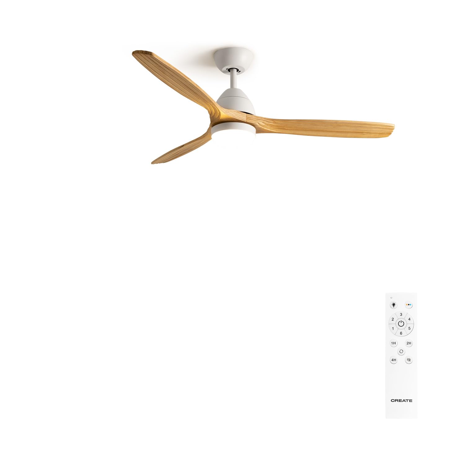 CREATE / WINDCUP/Ventilador techo con luz blanco aspas madera natural con mando/Función verano-invierno, 3 temperaturas de luz, 6 velocidades, programable 1 a 4h, 2 alturas, 40W, Ø132 cm