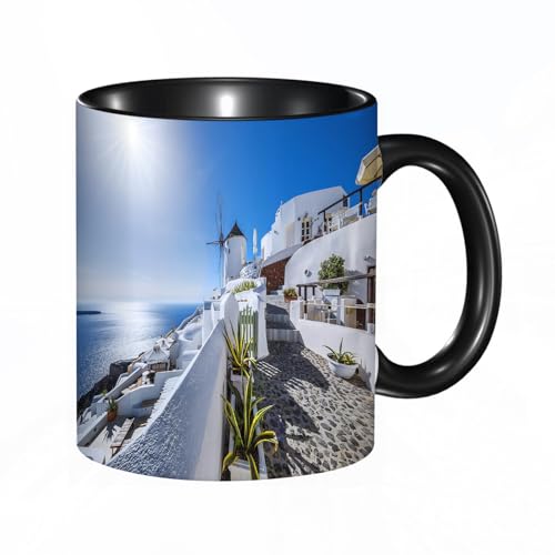 HRRASFAZF Tasse à Café | Tasse Céramique Fine | Cadeau Original | 330ml | Mug avec Anse | Cadeau Original pour Homme et Femme | Grèce Île de Santorin
