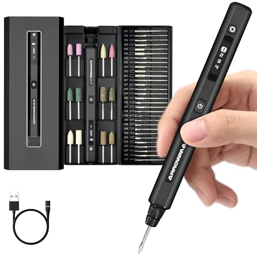 Image of AM ARROWMAX Mini Engraving Pen, HollowCup Motor, 42 Bits with Aluminum Case, OLED, Magnetic Charge, Mini Cordless Rotary Tool, Engraving Pen for Bead, Metal, Wood, Glass and Plastic (SGS),Black