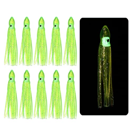 YELARXI Fishing Squid Skirts, Glow Soft Plastic Trolling Lures Luminous 2 x 0.3 Inch & 10 Pcs & Fluorescent Yellow -Fitting for (Bass/Trout/Salmon/Saltwater/Fishing Bait)