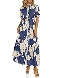 Wenrine Womens Casual Shirt Dress Floral Collared Short Sleeve Button Down Drawstring Waist Loose Summer Maxi Dresses Navy