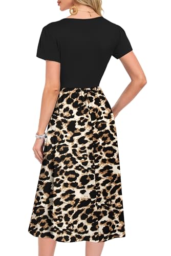 MOLERANI Damen Sommerkleid - Blütenblatt Ärmel Rundhals Freizeitkleid Knielang Loose Swing Damenkleid Casual Tunika Kleid mit Tasche Braun Schwarz Leopard S 4