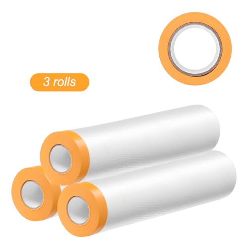 Image of HARFINGTON 3 Rolls Pre-Taped Masking Film 70.9 inch x65.6ft Tape and Drape Painters Plastic Drop Cloth Film with Tape Plastic Sheeting for Automotive Painting Covering
