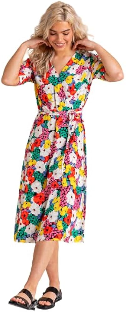 Dusk Fashion Women Bold Floral Midi Wrap Dress - Ladies Bright Colourful  Casual Everyday Sunny BBQ Day Tie Detail Skater Short Sleeve V-Neck Dress -  Multi