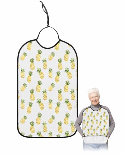 Adult Bibs for Eating, Summer Yellow Pineapple Green Leaf Washable Elderly Adult Bibs for Men Women Large Reusable Adjustable Clothing Protector with Optional Crumb Catcher