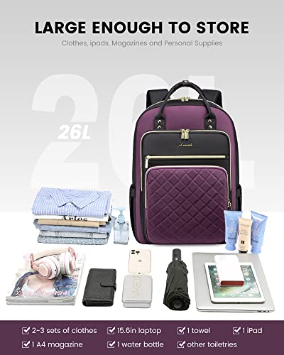 Image of LOVEVOOK Lunch Backpack for Women, 15.6 Inch Laptop Bag with Insulated Cooler Lunch Box, Work Backpack for Teacher Nurse, Travel Backpack Lunch Bag for Camping Picnic Daily Use, Purple Black