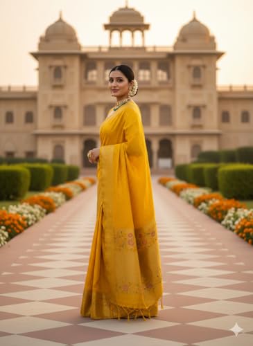 Image of Kanjivaram Silk Saree for Women - Handloom Floral Weaving, Contrast Border, Heavy Gold Zari Rich Pallu, Traditional Designer Wedding & Festive Saree with Blouse Piece