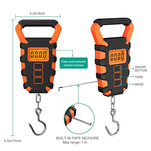 Oria Digital Fishing Scale With Ruler, Fishing Postal Hanging Hook Scale, 110Lb/50Kg Waterproof Luggage Scale With Measuring Tape, Luggage Hook, Backlit Lcd Display, Orange #TOP4