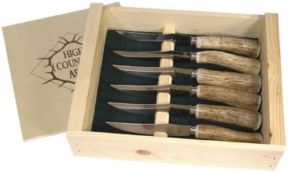 Set of 6 Steak Knives with elk Antler Handles in Wood Box.