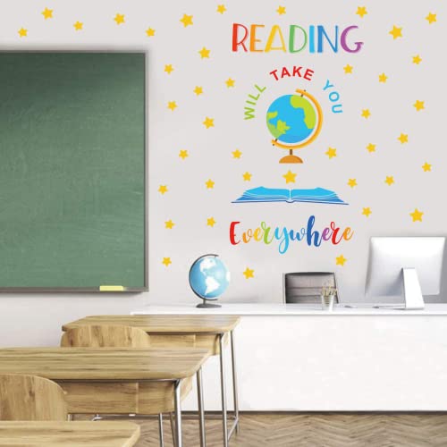 Iarttop Reading Wall Decals For Classroom Decor，Colorful School Read Books Letters Wall Stickers，Inspiring Saying Reading Will Take You Everywhere Stars Globe Wall Art For School Library Decor #TOP26