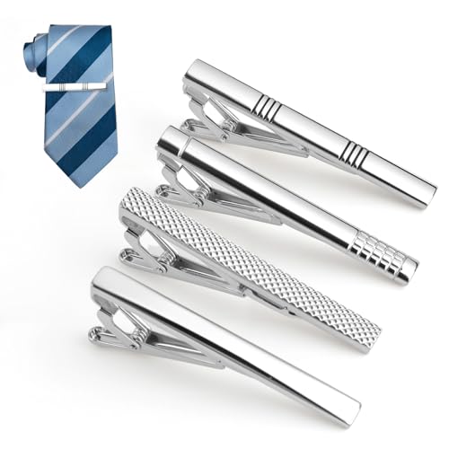 4Pcs Tie Clips for Men, Silver Classic Tie Bar Clip Set Regular Fashionable Ties Bar Clips Metal Ties Pins Elegant Bars Pinch Clip for Father's Day Business Wedding Graduation Daily Use