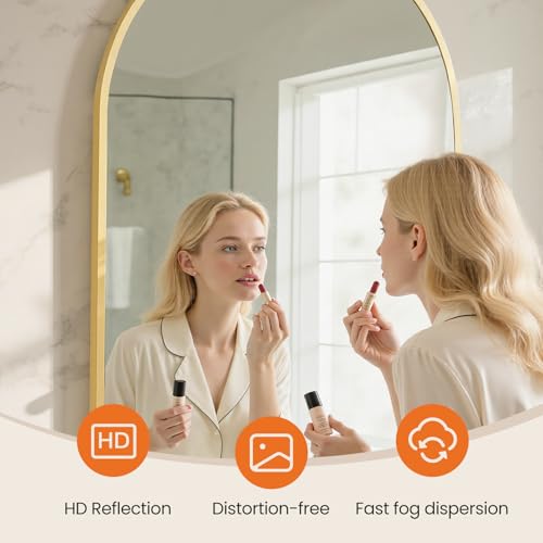 Image of Sweetcrispy 30 inchx40 inch Arched Gold Bathroom Mirrors for Wall, Bathroom Mirrors for Over Sink, Metal Framed with HD Shatter-Proof Glass for Entryway, Living Room, Bedroom, Home Decor