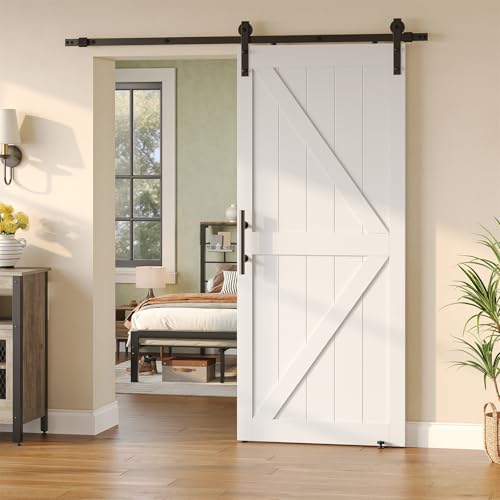 Bestier 36in x 84in Sliding Barn Door with 6.6FT Barn Door Hardware Kit & Handle Included, Solid Barn Door Slab Covered with Water-Proof & Scratch-Resistant PVC Surface, Easy Install, K-Frame, White