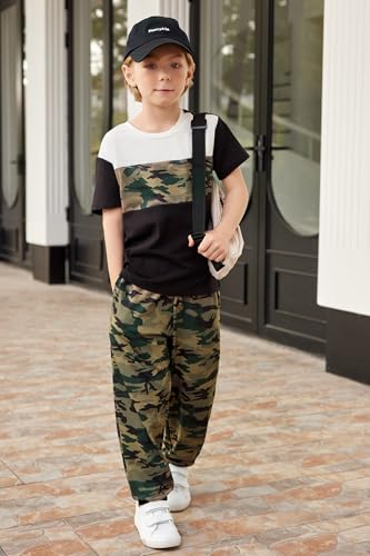 Image of Arshiner Boy's Pants Set - 2 Piece ColorBlock Short Sleeve T-Shirt and Active Pants - Casual Clothing Outfits 5-12 Years