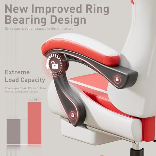 Image of HLDIRECT Gaming Chair, Ergonomic Video Game Seat with 360 Swivel & Lumbar Massage, Computer Chair PU Leather Cushion for Adults Home /Office Use (White & Red)