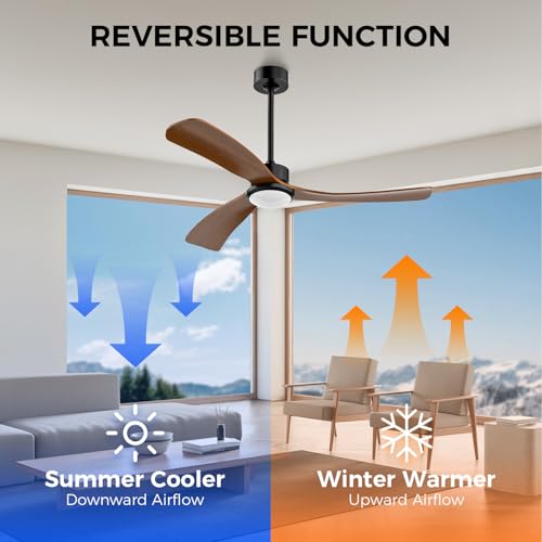 Image of Obabala 52 Inch Ceiling Fan with Light and Remote,Solid Wood Blades, DC Motor Quiet 35dB, Dimmable LED Reversible for Bedroom Living Room Indoor Outdoor, 6 Speed Timer Downrod