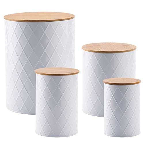CAMOFOXIN White Canisters Sets for the Kitchen, Metal Canister Sets for Kitchen Counter, Farmhouse Kitchen Decor for Counter, Bamboo Lids, Set of 4