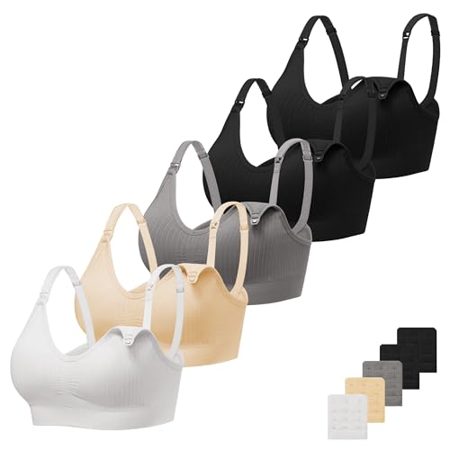 Image of Angelhood Ribbed Nursing Bra Wireless V Neck Maternity Nursing Bra Low Cut Bralette Sleeping Breastfeeding with Extenders