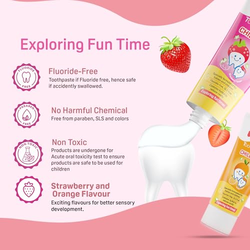 Image of Pigeon Children Toothpaste Tripack 45 g (2 Orange + 1 Strawberry) | Fluoride & SLS Free | Colour & Paraben Free | pH-Balanced Gentle Oral Care