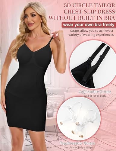 Image of SLIMBELLE Shapewear Dress Slip For Under Dresses Women Tummy Control Adjustable Strap V Neck Full Slip Seamless Shaper