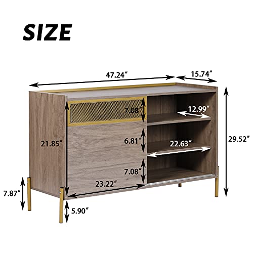 Lynslim 47" Modern Sideboard Storage Cabinet With 2 Sliding Doors & 6 Shelves Buffet Stand Cabinet For Dining Room Living Room For Tv Console,Wood & Metal ，Grey Wash #TOP2