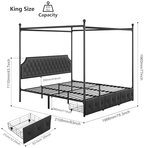 Keyluv King Upholstered Canopy Bed Frame with 3 Drawers and Button Tufted Headboard Metal Platform Bed with 4 Removable Posts Two-Purpose Velvet Bed No Box Spring Needed Dark Grey/Curtain Not Included