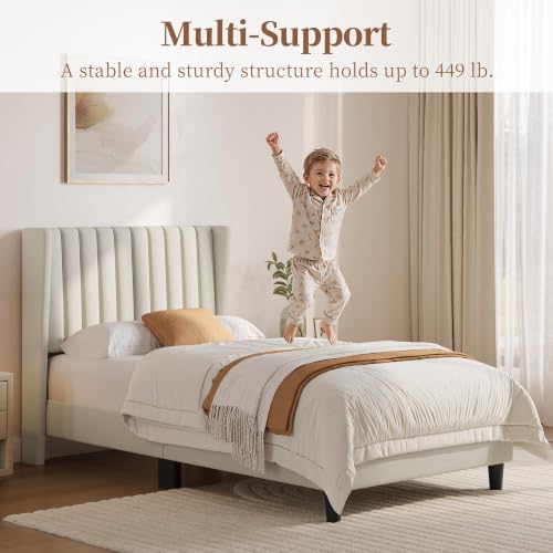 Image of Yaheetech Twin Bed Frame with Headboard,Ivory Channel-Tufted Platform