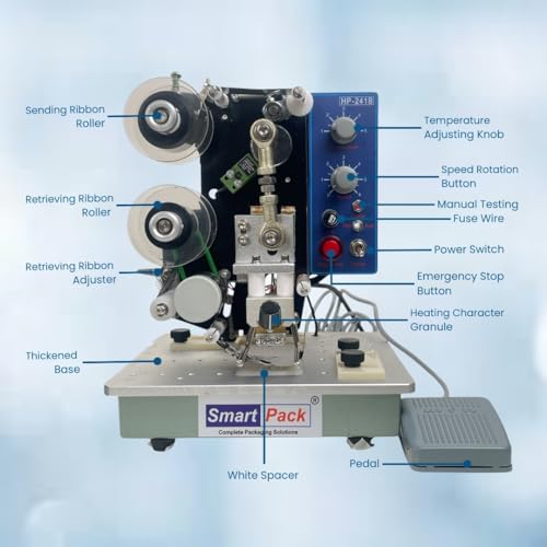 Image of SMART PACK Motorized Ribbon Batch Coding Machine for Batch No. MFG. MRP. EXP. Date Coding | Heat Printing Machine on Plastic and Paper Pouches | Pack of 1