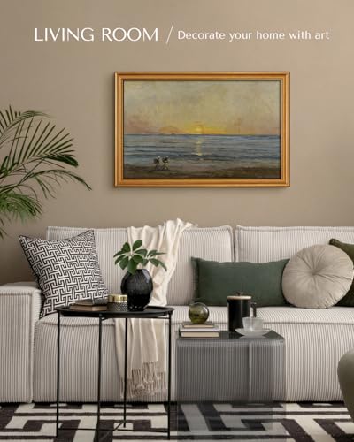 Image of HUARCEY Gold Framed Vintage Wall Art for Living Room, Landscape Painting Prints Shelf Decor for Kitchen, Aesthetic Bedroom Wall Art, Best Gifts for Friends or Family - Ocean Sunrise 24L x 16W