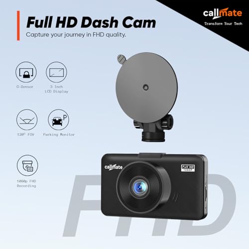 Image of Callmate Full HD 1080p Car Dashboard Camera, 3 Inch Display with Loop Recording (G-Sensor & Motion Detection) with Easy Installation & Secure Ride (Black, Suction Lock)