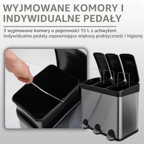 Amig – Potrójny kosz na śmieci z pedałami 45 litrów, 3 wyjmowane przegródki 15 litrów, kosz do recyklingu do kuchni, stal nierdzewna, 60 x 37 x 49 cm, srebrny