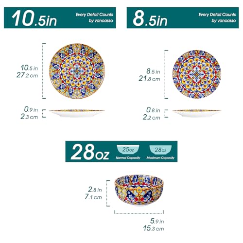 vancasso 12 Pieces Dinnerware Sets, Orange Plates and Bowls Set, Porcelain Dishes Set for 4, Microwave and Dishwasher Safe, Scratch Resistant, Bohemian Style Dining Ware Service for 4, Series SIMI