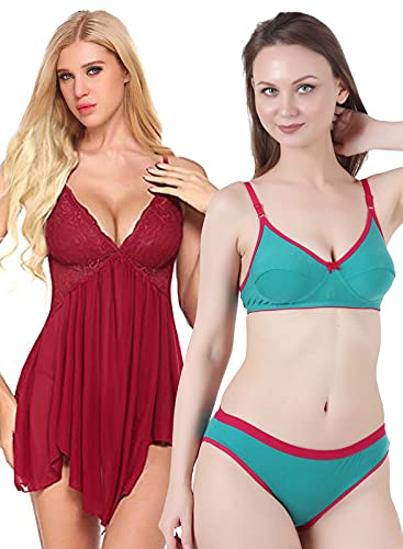 Image of Love Maker Lace Net Stylish Women Nightwear with Cotton Bra Panty Set for Women, Non Padded Bra Panty Set for Women & Night Wear Honeymoon Nighty for Women.