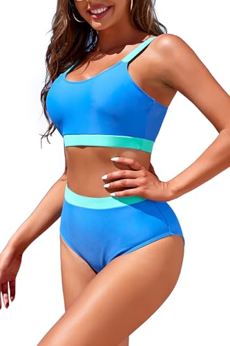 Image of Womens High Waisted Bikini Sets Sporty Crop Top Color Block Swimwear Bandeau Scoop Neck Vintage Two Piece Bathing Suits