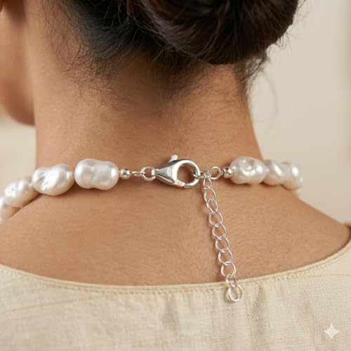 Image of OVANA Baroque Shell Pearl Necklace for Women | White Moti Mala | 925 Sterling Silver Adjustable Lobster Clasp | Elegant Pearl Jewellery | Statement Necklace Gift for Women