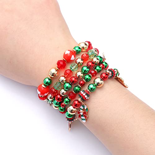 Bvga Christmas Beaded Bracelets Santa Candy Cane Hat Charms Bracelets Xmas Tree Car Sock Gift-Box Stretch Bracelets Set Green And Red Beads Bracelet For Women Girls Holiday Jewelry Gifts thumb #5