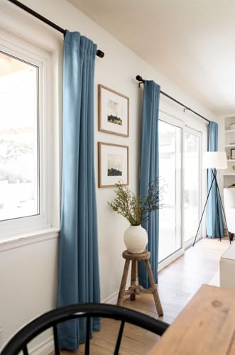 Image of 100% Blackout Shield Linen Blackout Curtains for Bedroom 90 Inches Long, Back Tab /Rod Pocket Living Room Drapes, Thermal Insulated Blackout Curtains 2 Panels Set, 50 inch W x 90 inch L, Stone Blue