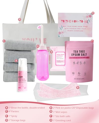 Postpartum Essentials Kit - Peri Bottle,Perineal Ice Packs,Perineal Healing Foam,Disposable Underwears,Cooling Pad Liners,Bath Salts,Canvas Bag,Card,Postpartum Gifts for Mom