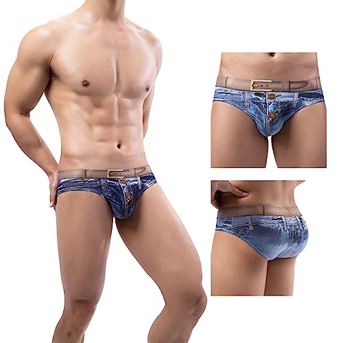 Meshal Men's Cotton Sexy Fake Jean Underwear Stretch 3D Denim Printed Personalized Boxer Briefs