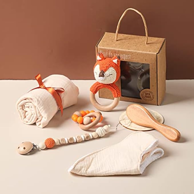 Baby Gift Set for Newborn New Baby Gift Set - 7 PCS Newborn Baby Essentials Baby Bath Set with Baby Blanket Baby Rattle - New Born Baby Girls Gift & Baby Boy Gifts for Baby Shower(Fox)