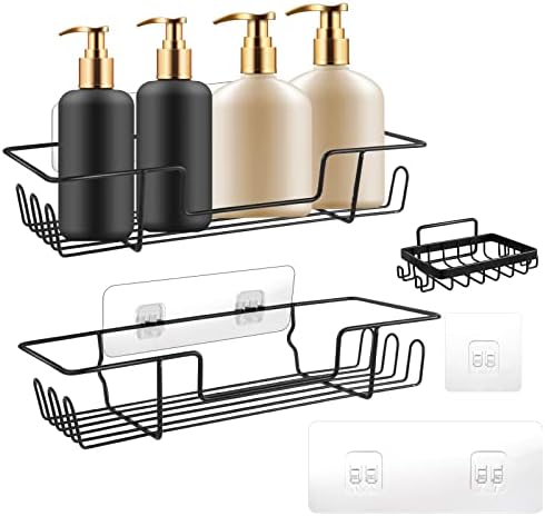 3 Pack Shower CaddyNo-drilling Wall Mounted Bathroom Shower Shelf Stainless Steel Storage Rack with 16 Hooks for Shower Restroom Kitchen Storage