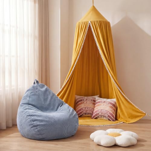 Image of 5 Pcs Kids Reading Corner Set Reading Nook Bean Bag Chair Cover with Canopy Tent, Throw Pillow Cover (No Filler) and Flower Pillow for Bedroom Playroom Nursery Corner Decoration(Yellow)