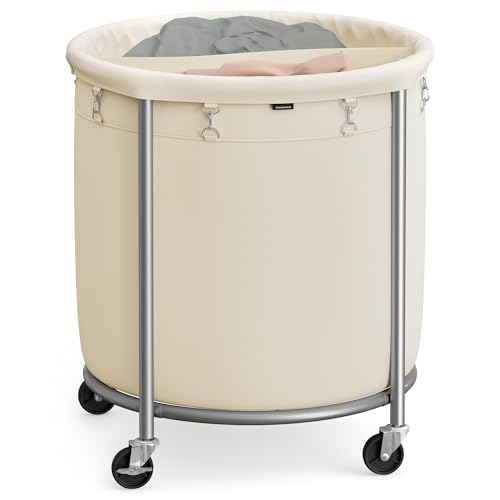 SONGMICS 63.5-Gallon (240 L) Laundry Basket with Wheels, Rolling Round Heavy-Duty Laundry Hamper Cart with Steel Frame and Removable Bag, 2 Locking Wheels, Cream White and Metallic Silver UR