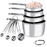 Pwnllaf Stainless Steel Measuring Cups and Spoons Set, 8 PCS Long Handle Measure Cups and Spoons Premium Stackable Measuring Cups for Kitchen Cooking & Baking, Dry & Liquid Dishwasher Safe