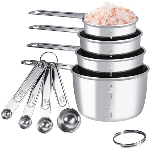 Pwnllaf Stainless Steel Measuring Cups and Spoons Set, 8 PCS Long Handle Measure Cups and Spoons Premium Stackable Measuring Cups for Kitchen Cooking & Baking, Dry & Liquid Dishwasher Safe